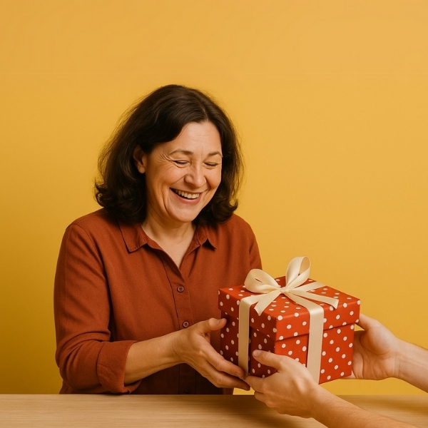  Lächelnde Frau erhält ein rotes Geschenk mit Schleife – ein besonderer Moment voller Freude und Überraschung